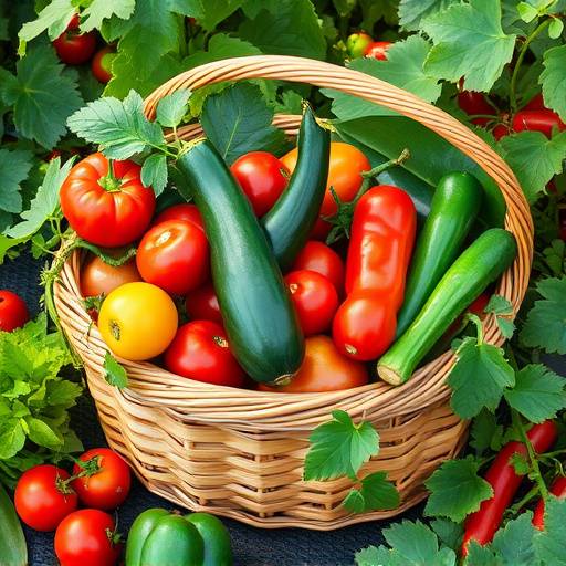 A basket filled with freshly harvested vegetables from a Sonoma County garden, including tomatoes, zucchini, and bell peppers.