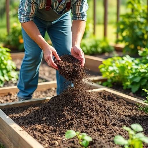 A gardener adding compost to a raised garden bed, preparing the soil for planting