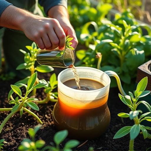 A gardener applying compost tea to vegetable plants in a Sonoma County garden.