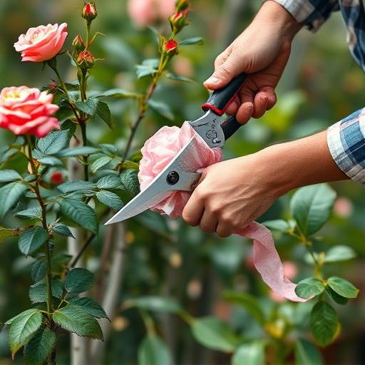 A gardener pruning a rose bush with pruning shears in a Sonoma County garden.