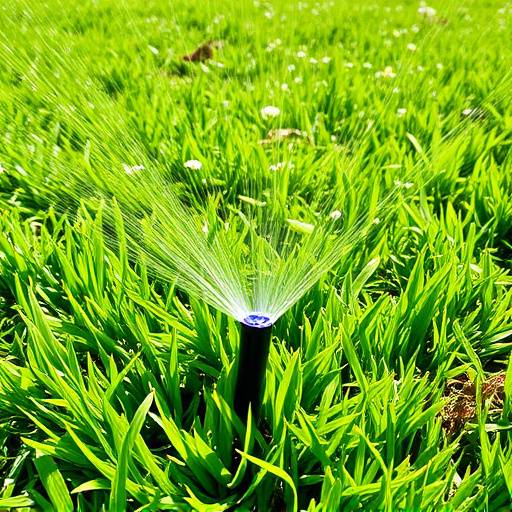 A lush green lawn with a sprinkler system in operation.