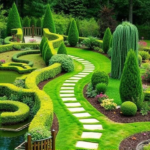 A picturesque view of a landscaped garden with a winding path.