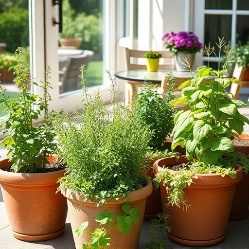 A variety of herbs growing in pots on a sunny patio.