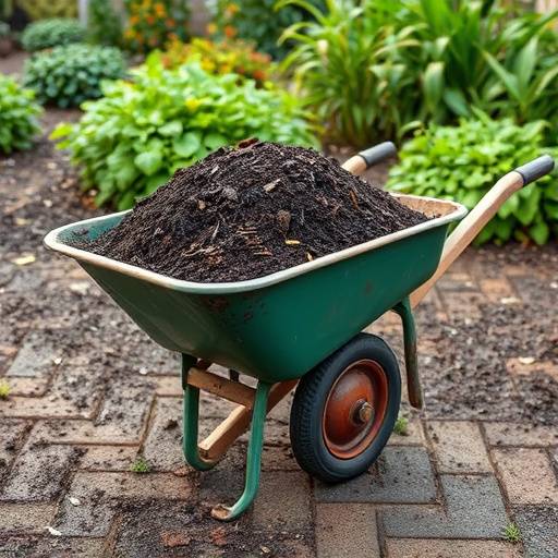 A wheelbarrow filled with compost ready to be used as a soil amendment