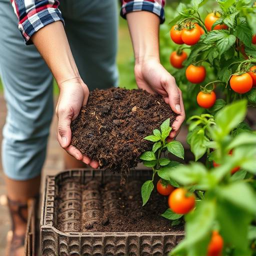 Close-up of a gardener spreading compost around the base of tomato plants
