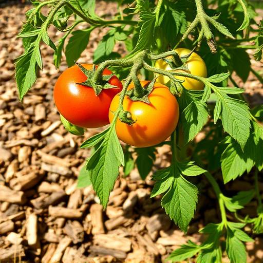 Close-up of wood chip mulch around a tomato plant in a Sonoma County garden.