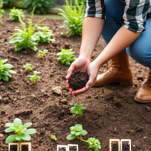 Gardener collecting soil samples from different areas of a garden bed