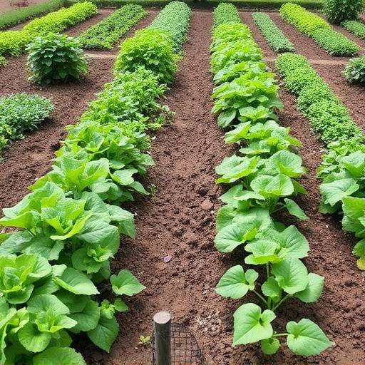 Rows of healthy vegetable plants growing in an organized garden plot.